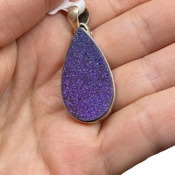 Purple Titanium Druzy Necklace Pendant 925 Solid Sterling Silver - Picture 3 of 6